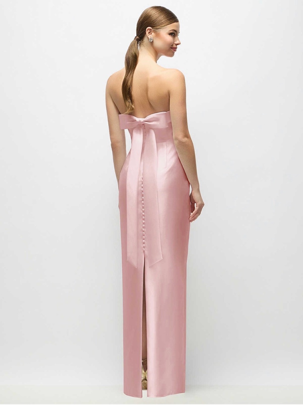 ALFRED SUNG Strapless Cuff Satin Maxi Dress with Back Bow in Ballet Pink